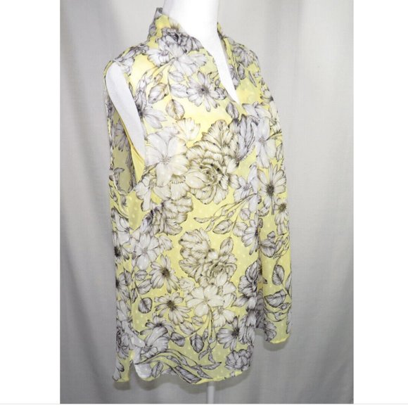 Liz Claiborne Petite Large Pale Yellow Gray Floral Clip Dot Sleeveless Blouse - Picture 5 of 9